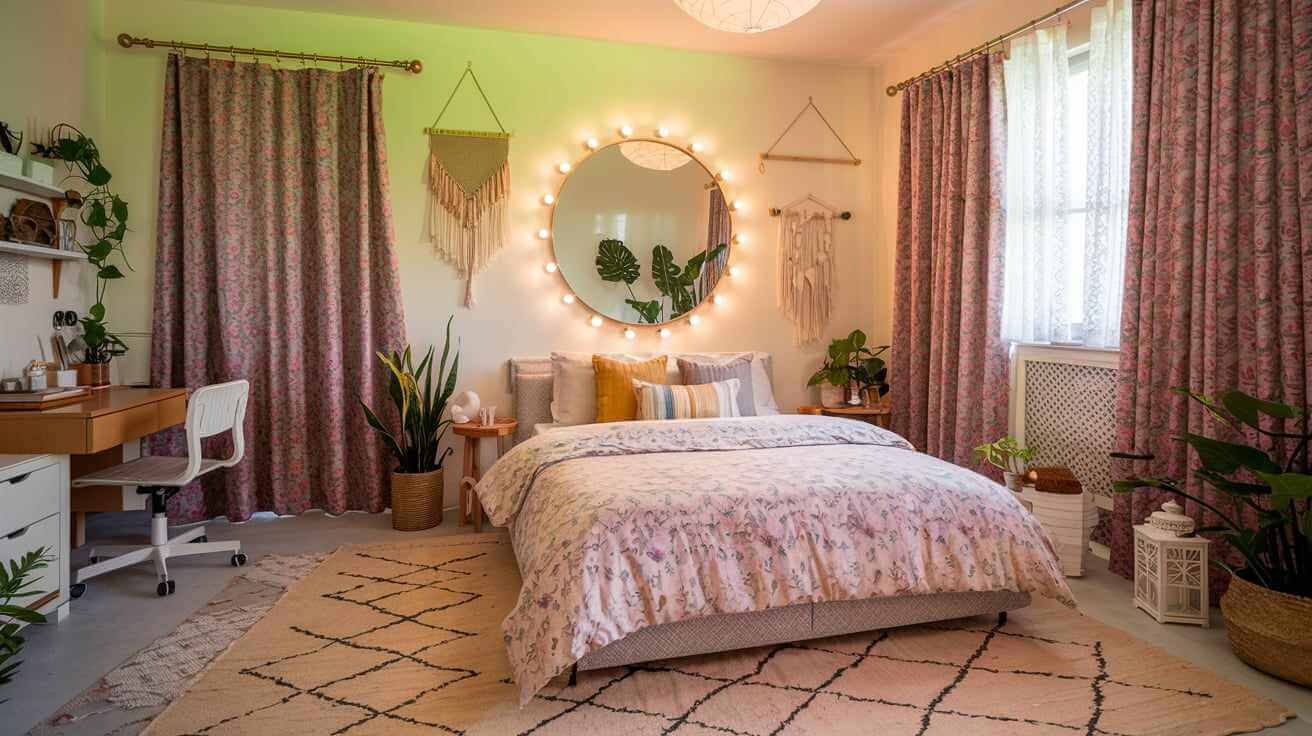 The window has a white frame and is covered with a white lace curtain.