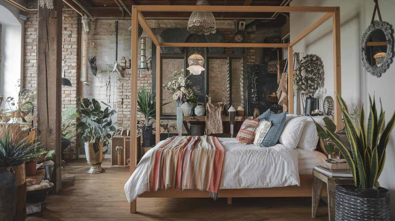 Earthed bed with a wooden frame in a room filled with decorations.