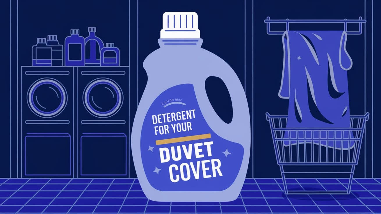 A detergent bottle, The background is a clean and organized laundry room with multiple bottles and a duvet cover hanging on a drying rack.