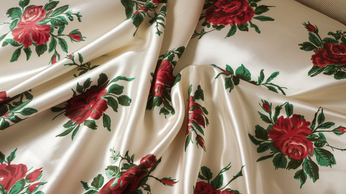 A satin sheet with a floral pattern. The sheet is white with red roses and green leaves.