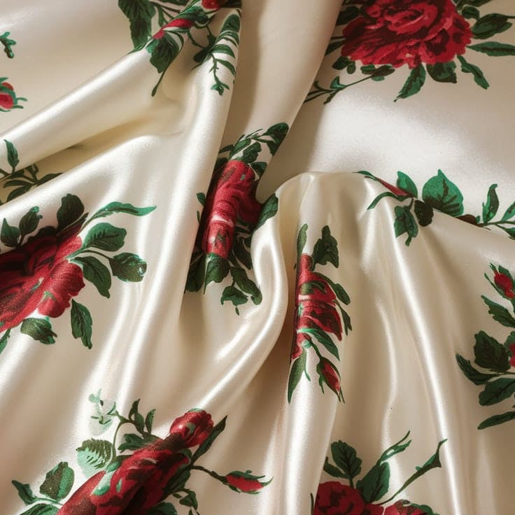 A satin sheet with a floral pattern. The sheet is white with red roses and green leaves.