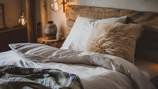 a cozy bed with a duvet cover. The duvet cover has a thread count of 600 and is made of 100% cotton