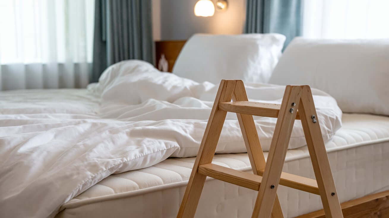 A photo of a bed with a white bedsheet. The bedsheet is spread over the bed and covers the mattress and pillows