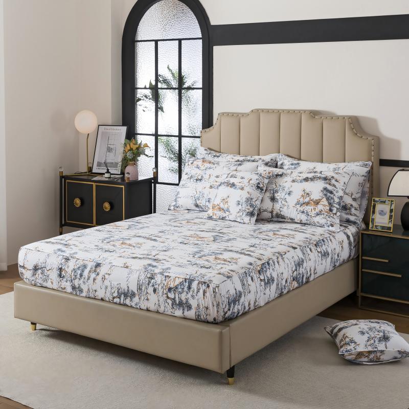 This bedroom features FADFAY's flat sheet, fitted sheet, and pillowcases.