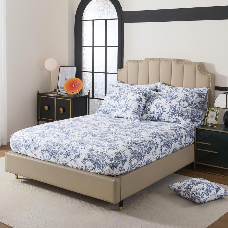 This bedroom features FADFAY's flat sheet, fitted sheet, and pillowcases.