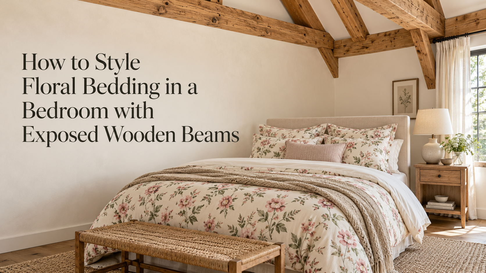 How to Style Floral Bedding in a Bedroom with Exposed Wooden Beams