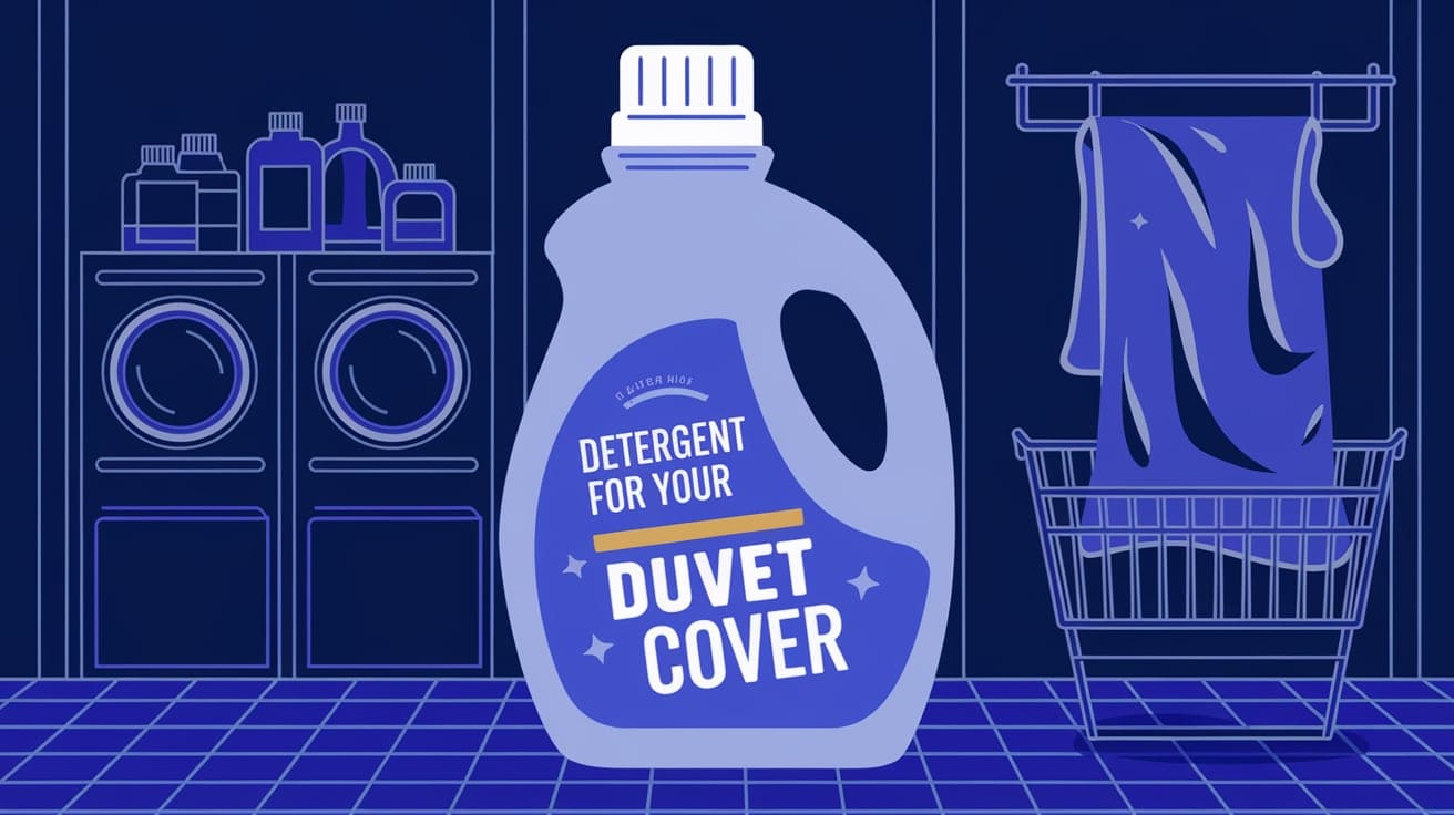 A detergent bottle, The background is a clean and organized laundry room with multiple bottles and a duvet cover hanging on a drying rack.