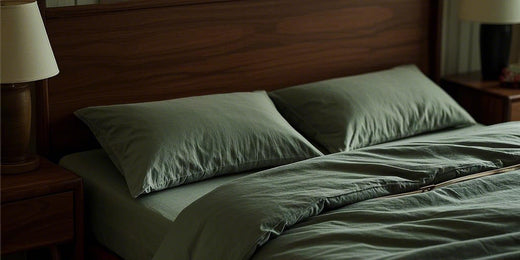 a cozy bed adorned with brushed cotton bedding. The bed features a wooden headboard and is neatly made with a soft, muted green brushed cotton duvet cover and matching pillowcases