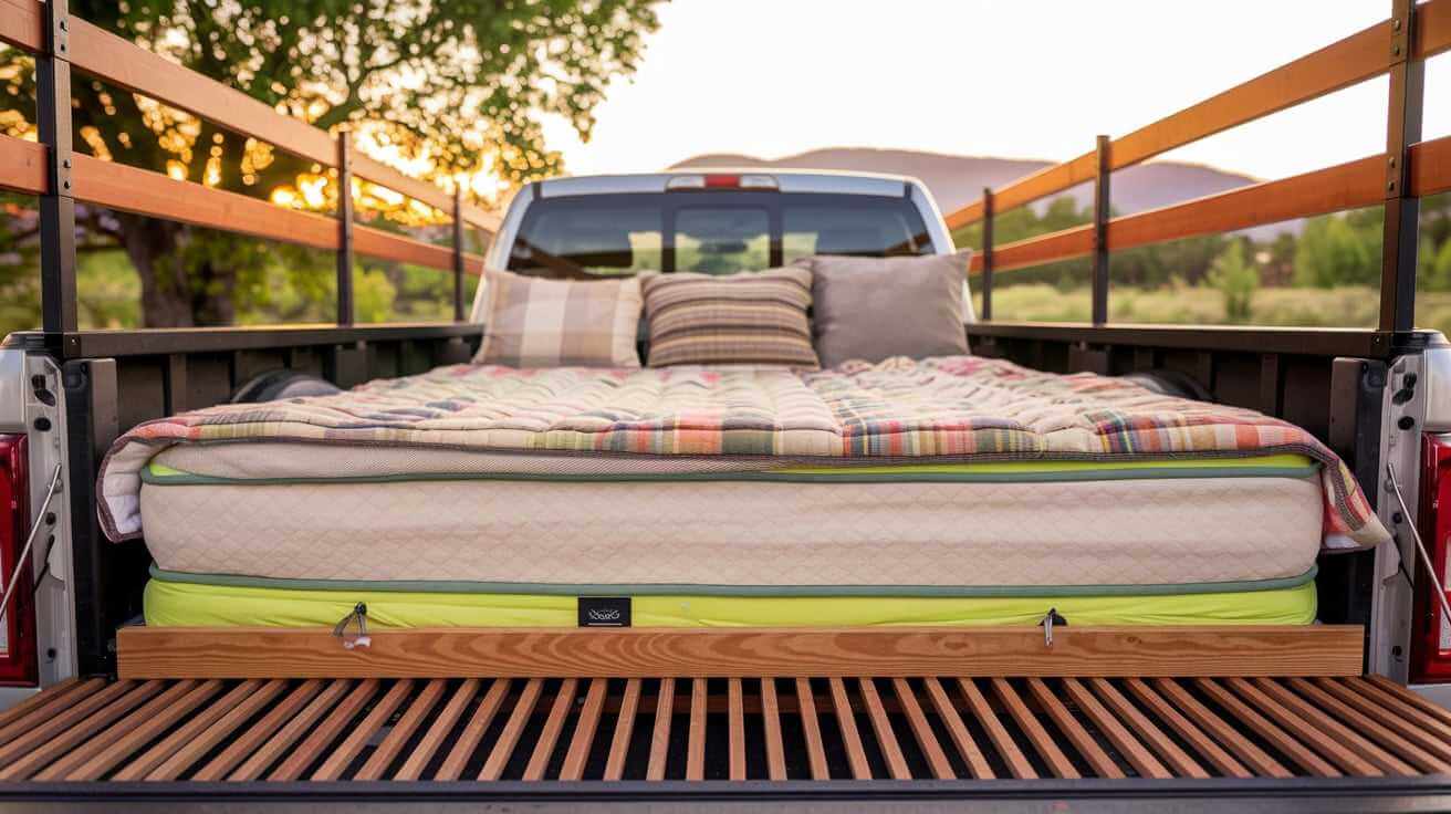  a comfortable mattress placed in the bed of a pickup truck. The mattress is placed on top of a wooden slat frame.
