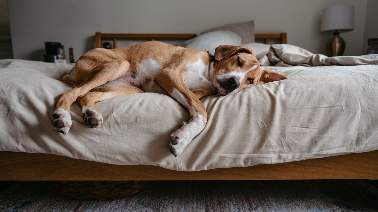 dog sleepping on a bed covered by fadfay bedding