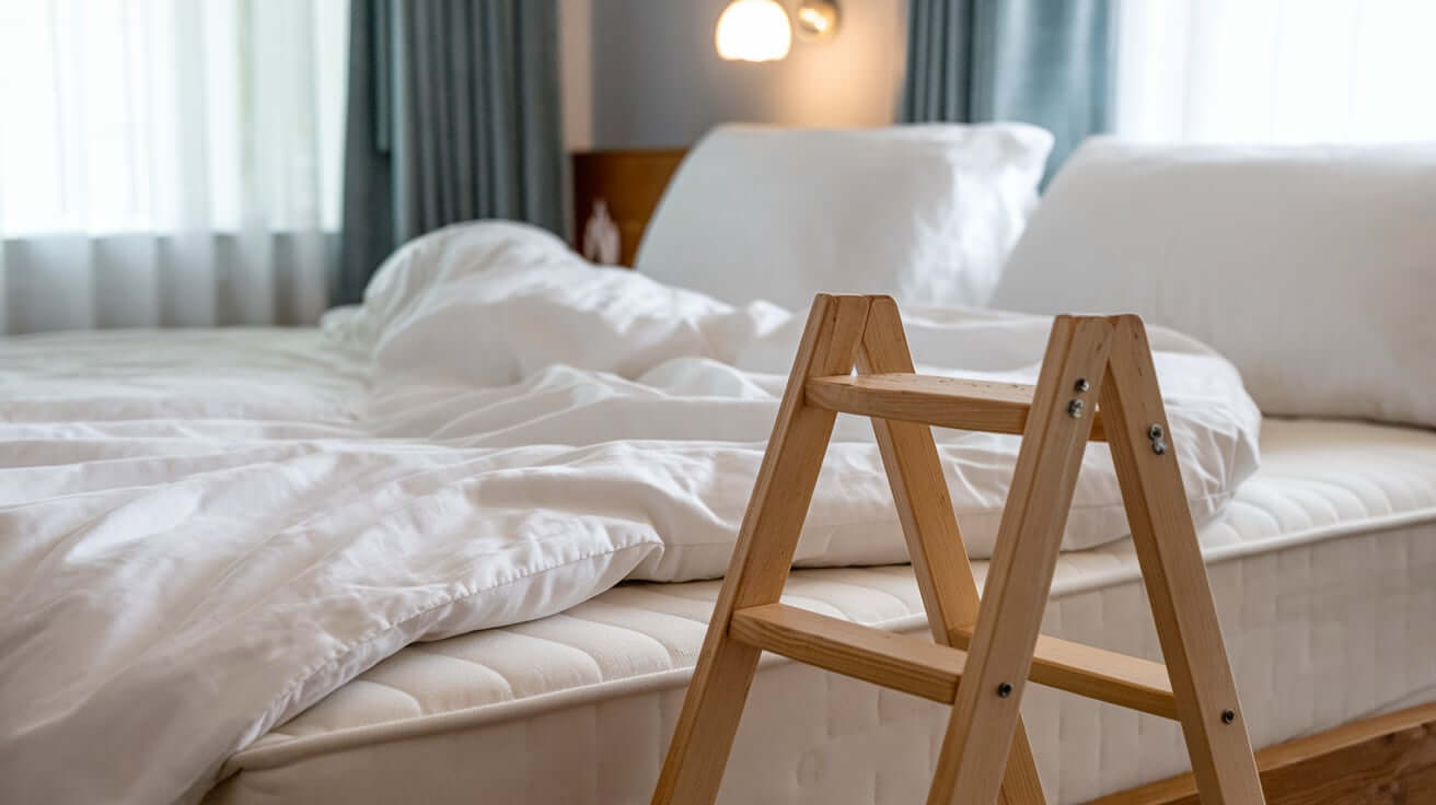 A photo of a bed with a white bedsheet. The bedsheet is spread over the bed and covers the mattress and pillows