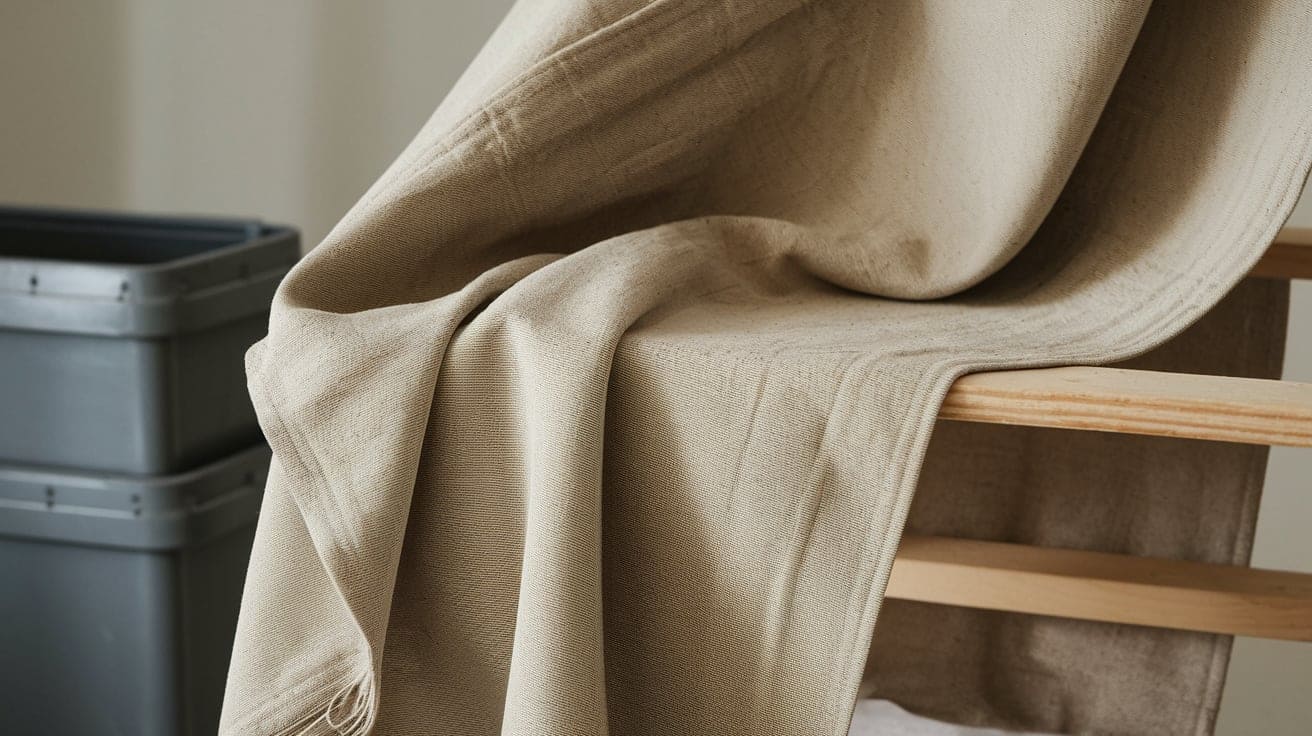 A photo of a washed cotton fabric. The fabric is beige with a subtle texture and appears soft. The fabric is draped over a wooden structure. The background is neutral, with a light grey wall and a dark grey storage bin.