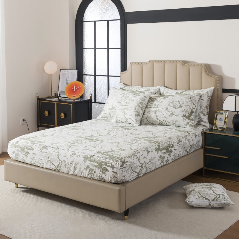 This bedroom features FADFAY's flat sheet, fitted sheet, and pillowcases.